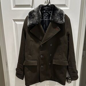 INC International Concepts Dark Green Pea Coat with Faux Fur Collar